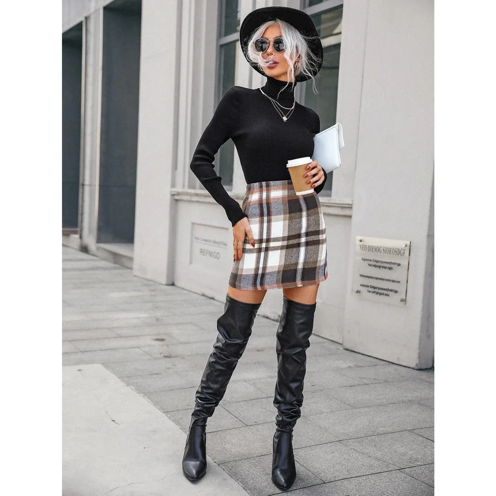Plaid Wool Mix Bodycon mini Skirt tan white brown - Picture 5 of 5